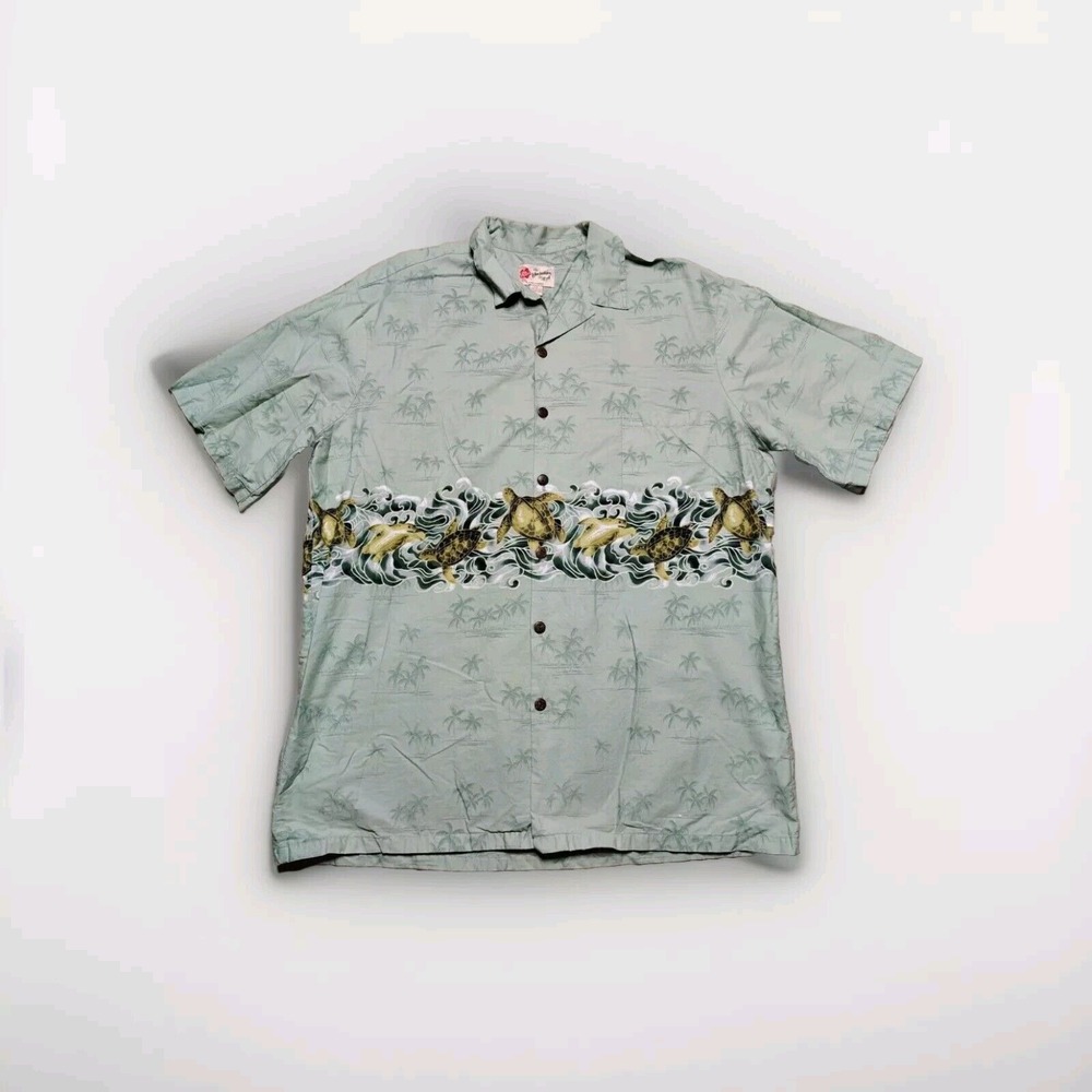 Hilo‎ Hattie Hawaiian Shirt Green Palm Trees and Sea Turtles Button Mens 2XL